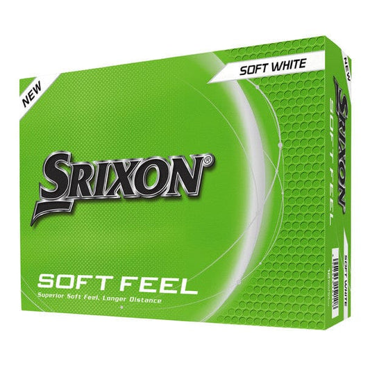 Balles de golf Srixon Soft Feel 2025, balle de golf blanche dans une boîte de 12, marque Golf Stuff.