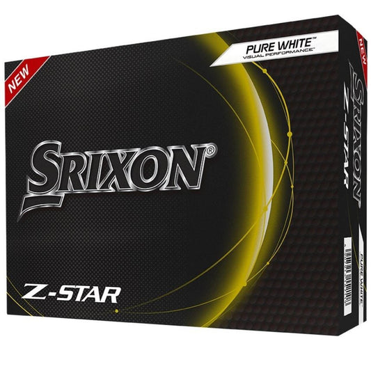 Balles de golf Srixon Z-Star 8 de Golf Stuff, vues rapprochée montrant le logo et la surface texturée des balles de golf.