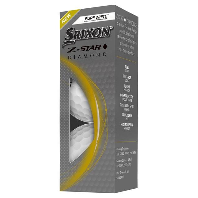 Ballons de golf Srixon Z Star Diamond 2, balle de golf de marque Golf Stuff, en emballage de trois pour jeu de précision.