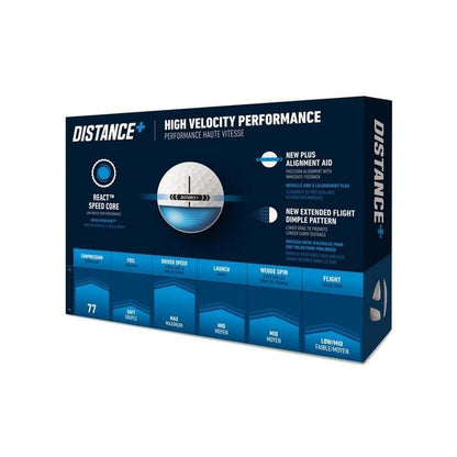 Balles de golf TaylorMade Distance+ blanches, lot de 25, conçues pour une distance optimale sur le parcours.
