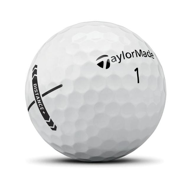 Balles de golf TaylorMade Distance+ blanches, lot de 25, conçues pour une meilleure distance et performance sur le parcours.