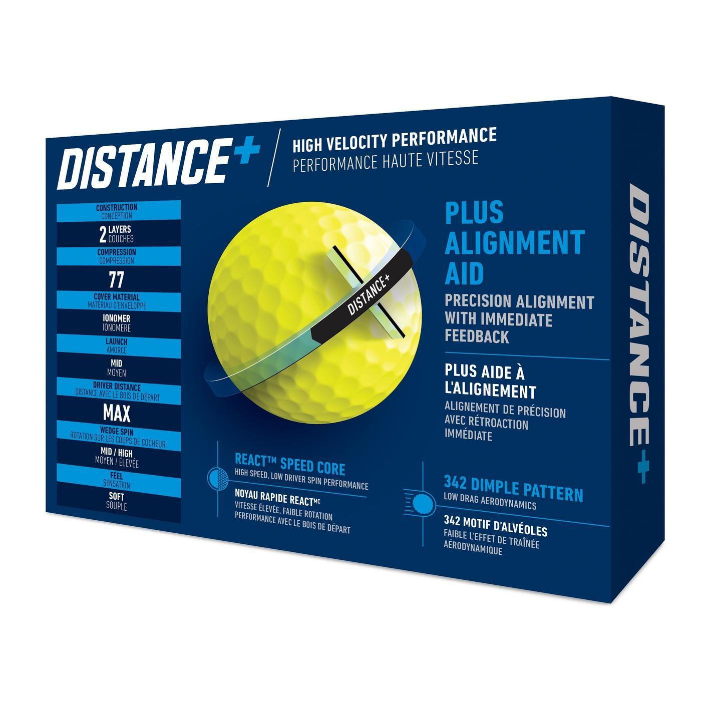 Billard de golf TaylorMade Distance+ jaune, balles de golf jaunes pour longue distance, vue en gros plan.