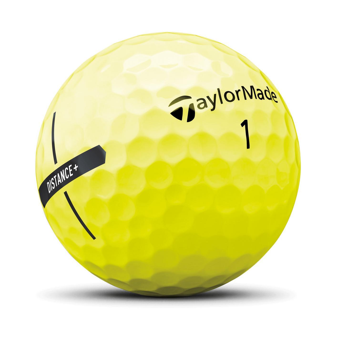 Balles de golf TaylorMade Distance+ jaunes, balles de golf de haute performance pour améliorer la distance et la visibilité sur le terrain.