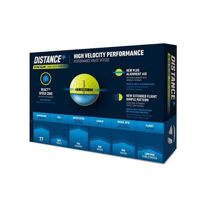 Balles de golf jaunes TaylorMade Distance+ 25, balle de golf de haute performance, visibles en gros plan.