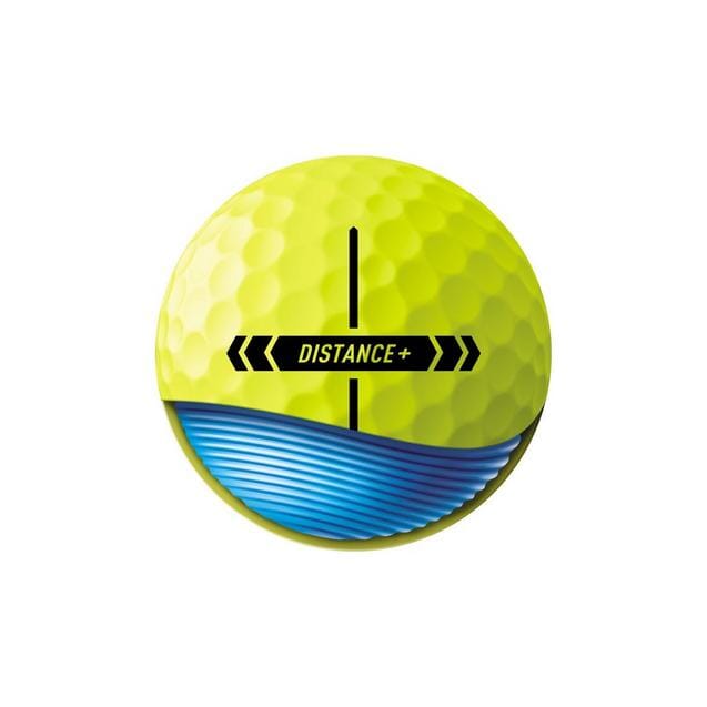 Balles de golf TaylorMade Distance+ jaunes, lot de 25, balles de golf Golf Stuff, visibles en gros plan sur un fond blanc