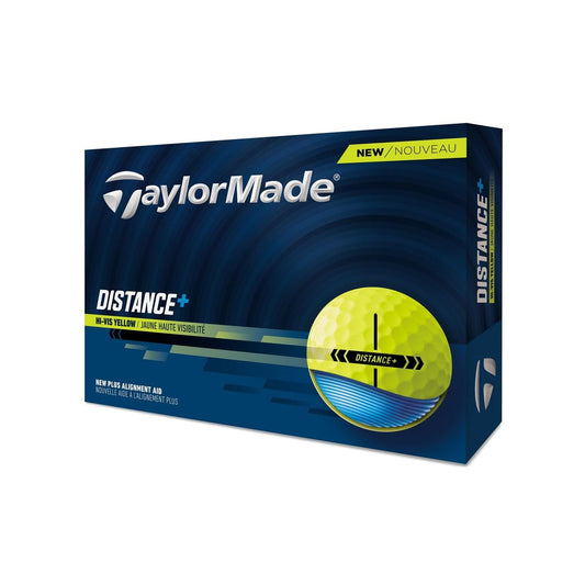 Balles de golf jaunes TaylorMade Distance+ 25, boîte de 12, balles de golf de haute performance pour tous les niveaux.