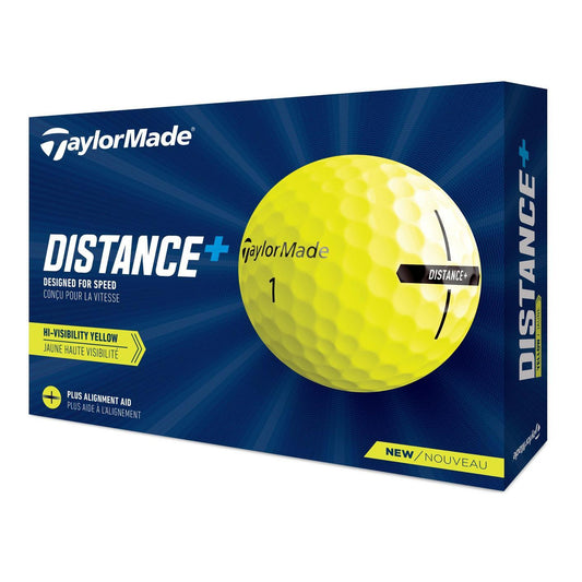 Balles de golf TaylorMade Distance+ jaunes dans une boîte de 12, conçues pour une distance optimale sur le parcours.