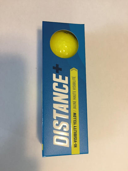 Balles de golf TaylorMade Distance+ jaunes dans un étui, conçues pour une distance optimale sur le parcours.