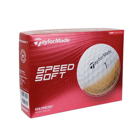 Balles de golf TaylorMade TM24 SpeedSoft, gamme TM-24, boîte de 12, blanches, conçues pour la performance et la distance.