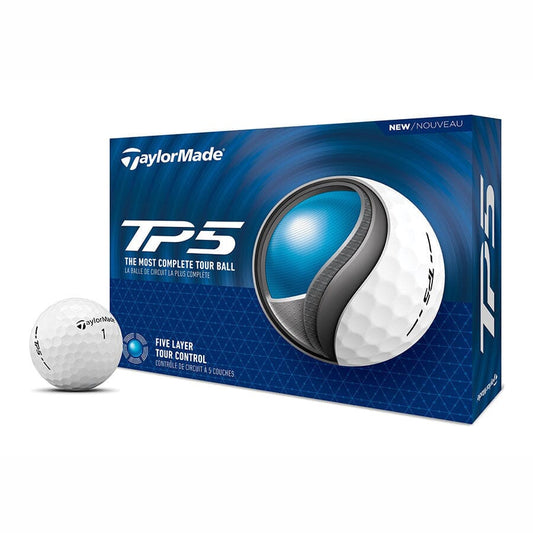 Balles de golf TaylorMade TM24 TP5 dans une boîte de 12, conçues pour performance et contrôle sur le parcours.