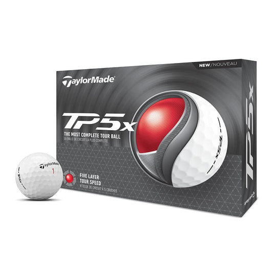 Balles de golf TaylorMade TM24 TP5x, lot de 12, blanches, conçues pour améliorer la distance et le contrôle sur le terrain.