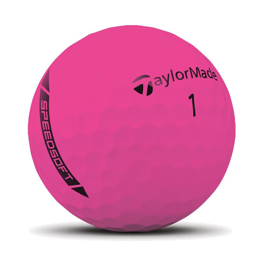 Balles de golf TaylorMade TM25 SpeedSoft, balles de golf modernes avec logo Golf Stuff, visibles en gros plan sur un fond neutre.
