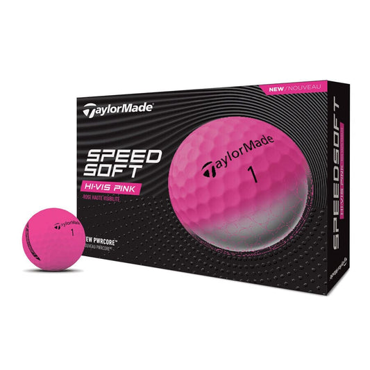 Balles de golf TaylorMade TM25 SpeedSoft dans une boîte de 12, balles de golf roses avec logo TaylorMade.