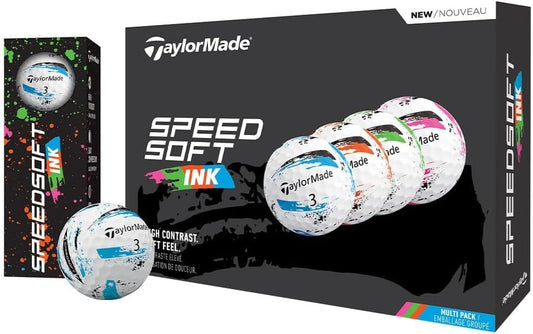 Ballons de golf TaylorMade TM25 SpeedSoft Ink Multi, ensemble de balles de golf multicolores, vue en gros plan.