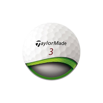 Balles de golf TaylorMade Tour Response '25, pack de balles de golf blanches avec logo, vue rapprochée.