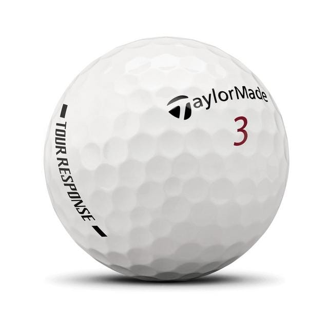 Balles de golf TaylorMade Tour Response '25, balles de golf blanches avec logo, en gros plan sur un fond neutre.