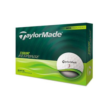 Balles de golf TaylorMade Tour Response '25 blanches dans une boîte, conçues pour une performance optimale sur le parcours.