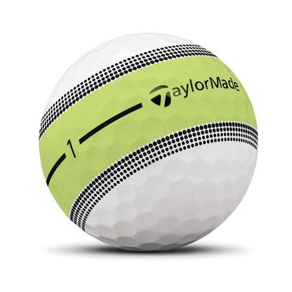 Balles de golf TaylorMade Tour Response Stripe '25, balles de golf colorées avec rayures, marque Golf Stuff, vue rapprochée.