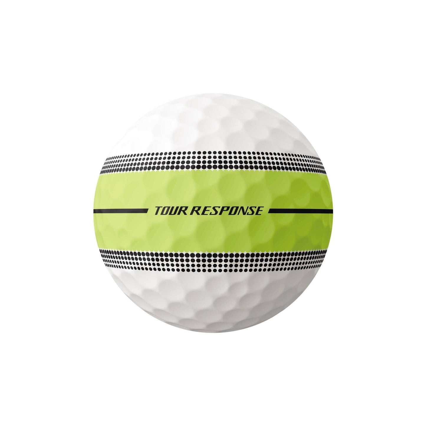 Ballons de golf TaylorMade Tour Response Stripe '25, balles de golf blanches avec rayures vertes, vues en gros plan.