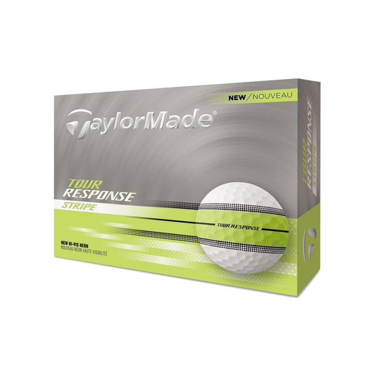 Balles de golf TaylorMade Tour Response Stripe '25 de Golf Stuff, balles blanches dans une boîte de 12