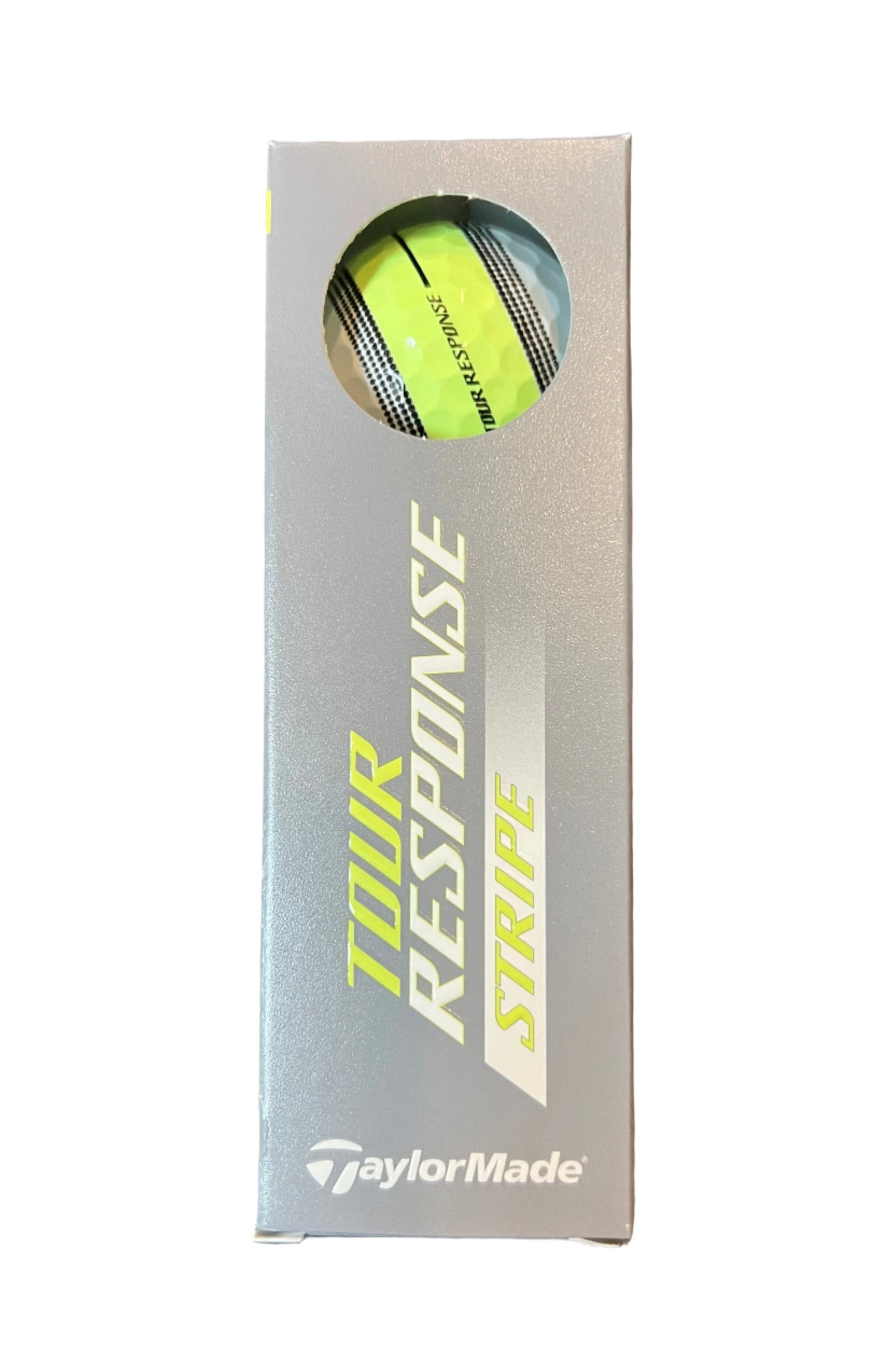 Balles de golf TaylorMade Tour Response Stripe '25, blanches avec rayures, dans un emballage en sachet pour golf.
