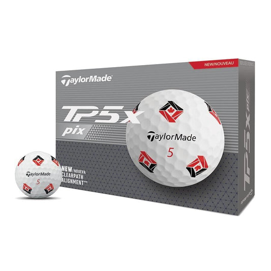 Balles de golf TaylorMade TP5x Pix Canada de couleur blanche dans une boîte de 12, conçues pour performance et distance.