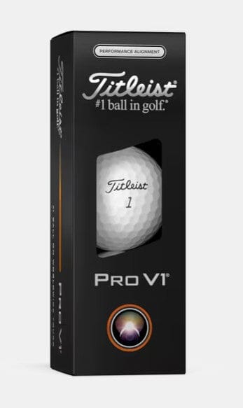 Balles de golf Titleist Pro V1 2025 Aim Performance avec alignement, dans un emballage de 3, blanches, pour le golf.