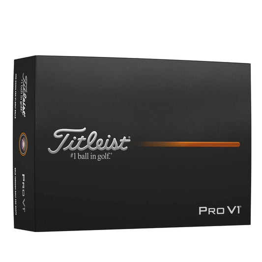 Balles de golf Titleist Pro V1 2025 de Golf Stuff, boîte de 12 balles blanches, vue en gros plan sur le packaging.