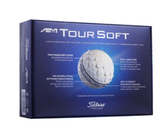 Ballons de golf Titleist Tour Soft Aim 360 2024 par Golf Stuff, pack de 24, vue rapprochée des balles de golf blanches.