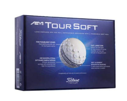 Ballons de golf Titleist Tour Soft Aim 360 2024 par Golf Stuff, pack de 24, vue rapprochée des balles de golf blanches.