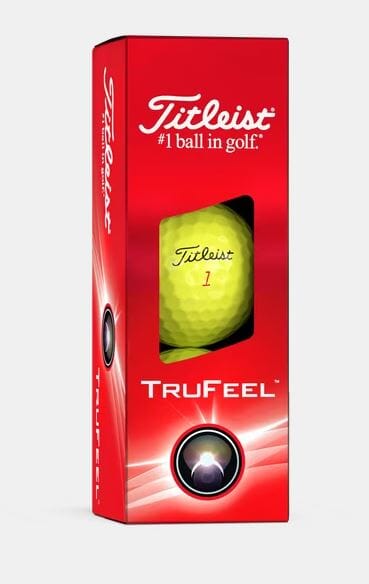 Ballons de golf Titleist Trufeel 2024 de couleur jaune, emballage de trois, conçus pour une performance optimale.