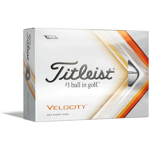 Balles de golf Titleist Velocity 2022, paquet de 12, blanches, conçues pour distance et performance sur le terrain.