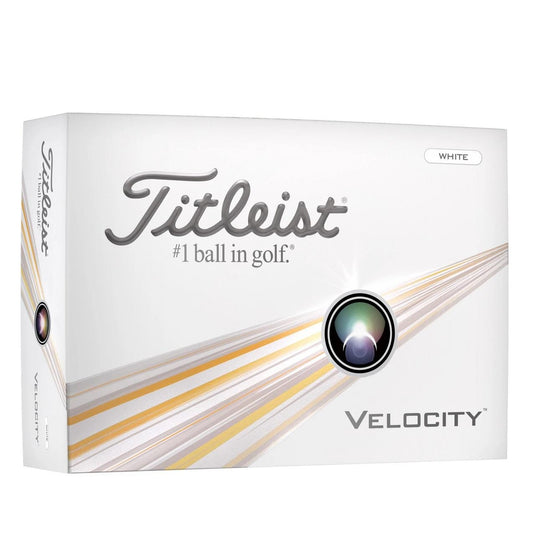 Balles de golf Titleist Velocity 2024 blanches dans une boîte de 12, conçues pour distance et performance sur le parcours.