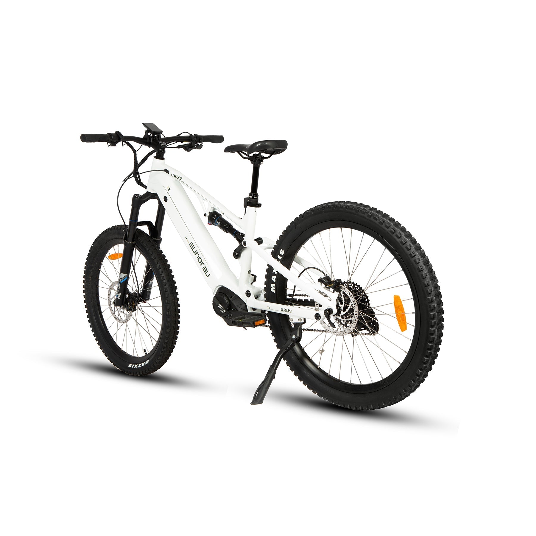 Vélo électrique URUS de la marque E-Vélo EUNORAU QUEBEC, cadre noir avec moteur et écran de contrôle visible.