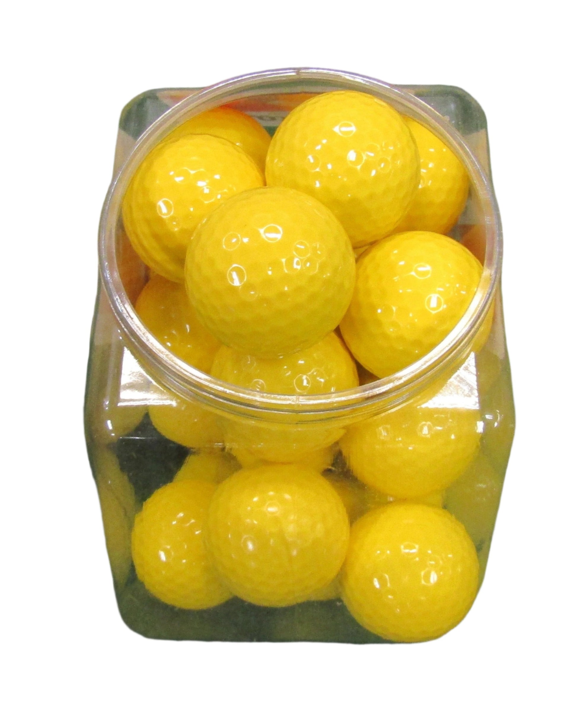 Trois balles de golf colorées Volf Golf Bulk 2 couches de marque Golf Stuff, balles d'entraînement jaune, visibles en gros plan.