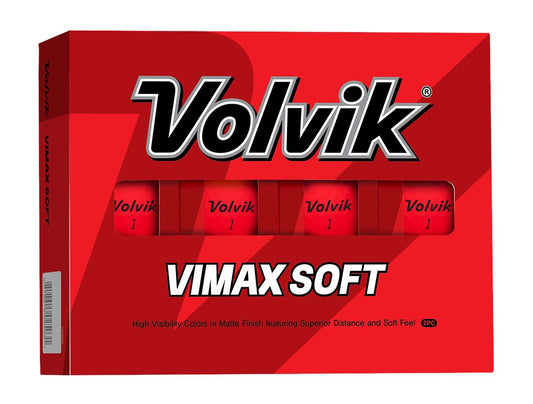 Ballons de golf Volvik Vimax Soft de Golf Stuff dans une boîte de 12, rouges, conçus pour une meilleure douceur et performance.