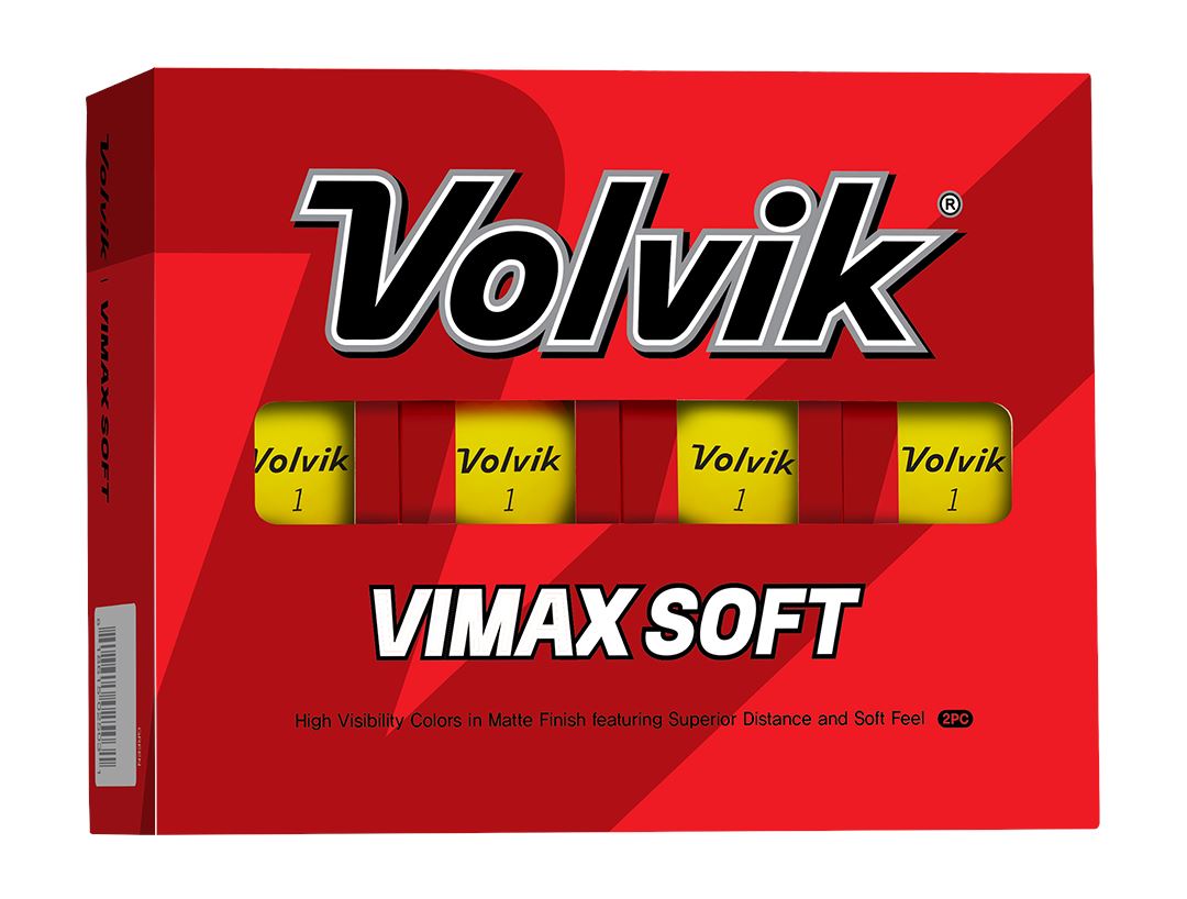 Boîte de 12 balles de golf Volvik Vimax Soft jaunes, balles de golf souples et performantes de la marque Golf Stuff.