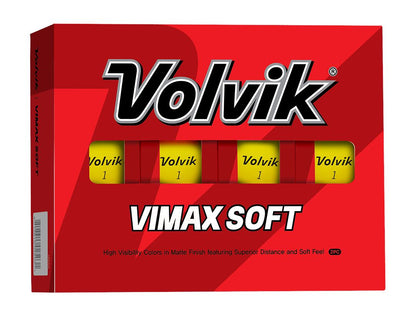 Boîte de 12 balles de golf Volvik Vimax Soft jaunes, balles de golf souples et performantes de la marque Golf Stuff.