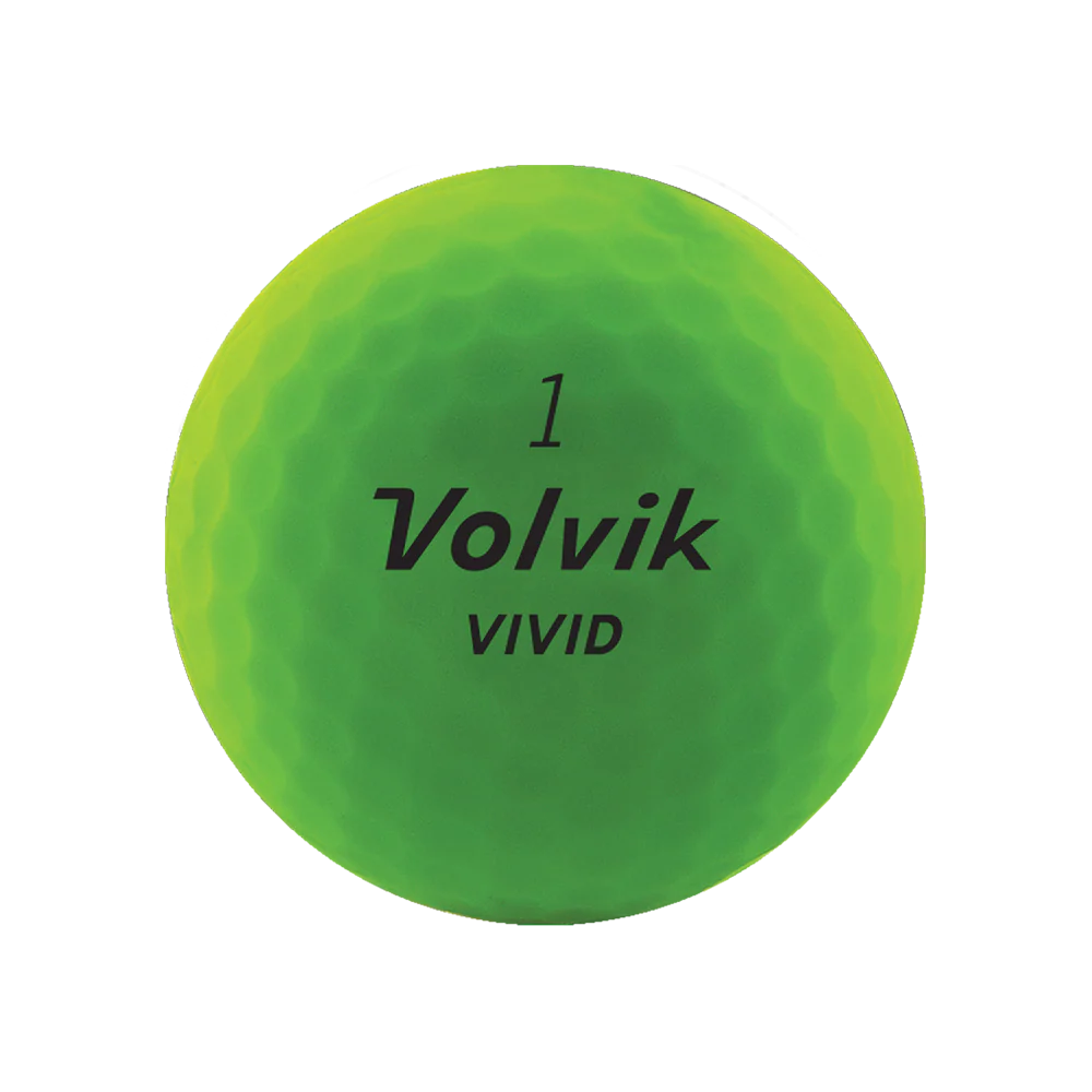 Balles de golf Volvik Vivid 2022 vertes, gamme de balles de golf de la marque Golf Stuff dans un emballage.