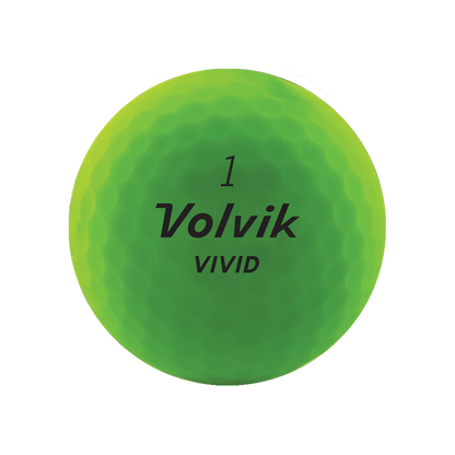 Balles de golf Volvik Vivid 2022 vertes, gamme de balles de golf de la marque Golf Stuff dans un emballage.