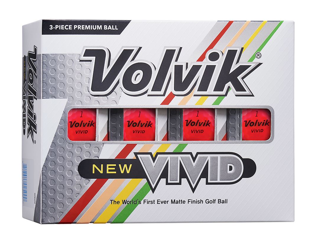 Ballons de golf Volvik Vivid 2022 rouges dans une boîte, conçus pour améliorer la performance sur le parcours de Golf Stuff.