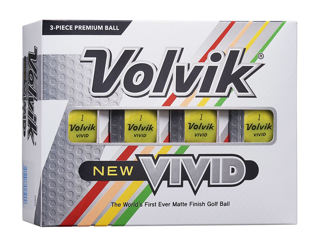 Ballons de golf Volvik Vivid 2022 jaunes dans une boîte, conçus pour une meilleure visibilité et performance sur le parcours.