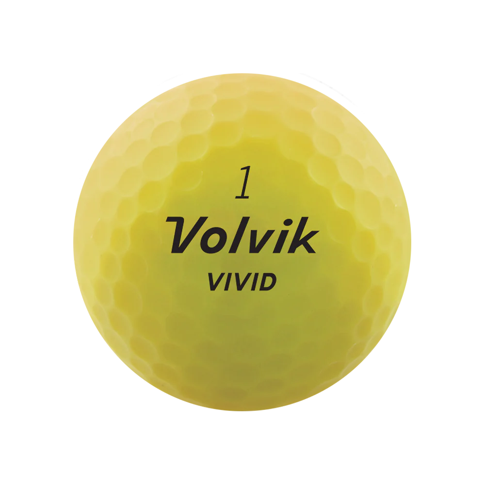 Balles de golf Volvik Vivid 2022 jaunes, marque Golf Stuff, en emballage en plastique pour golf.