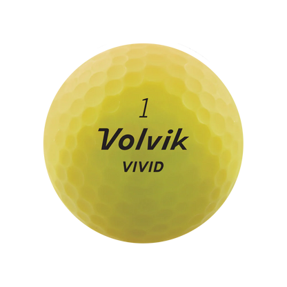 Balles de golf Volvik Vivid 2022 jaunes, marque Golf Stuff, en emballage en plastique pour golf.