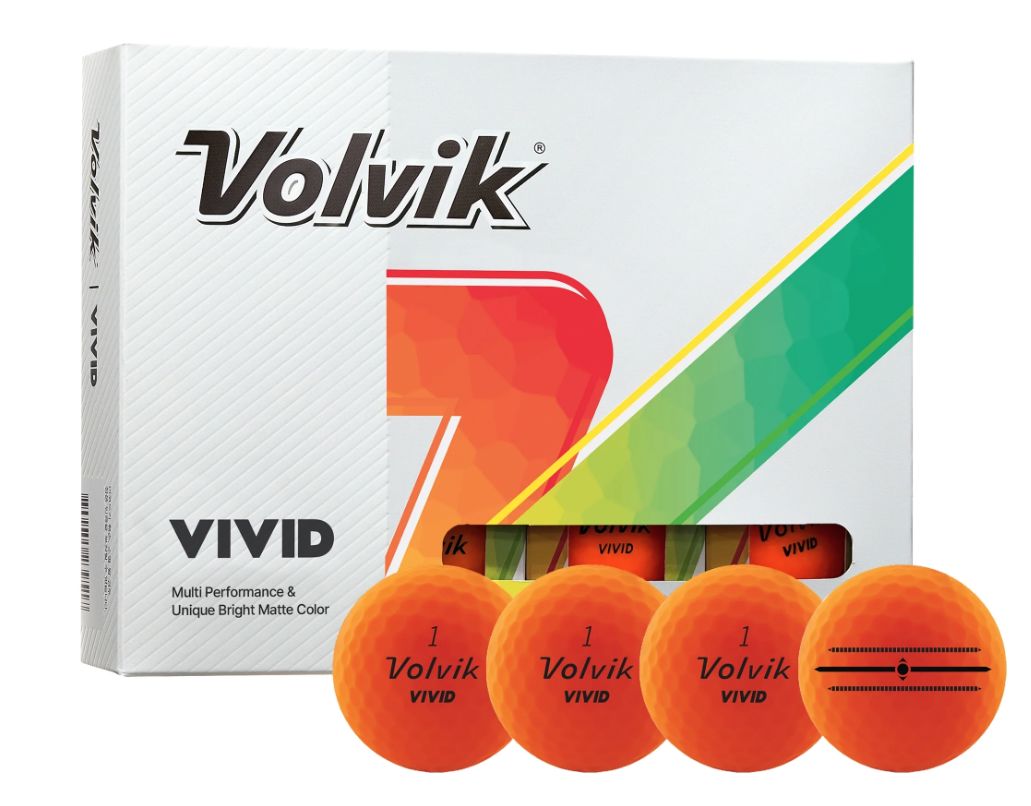 Balles de golf Volvik Vivid 2024 de la marque Golf Stuff, lot de 12, balles orange dans une boîte.