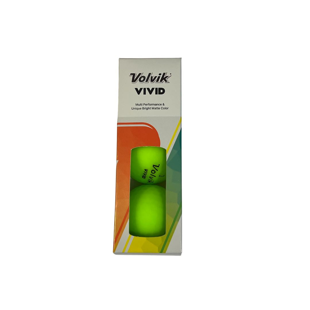 Balles de golf Volvik Vivid 2024 vertes dans leur emballage, conçues pour une performance optimale sur le parcours.