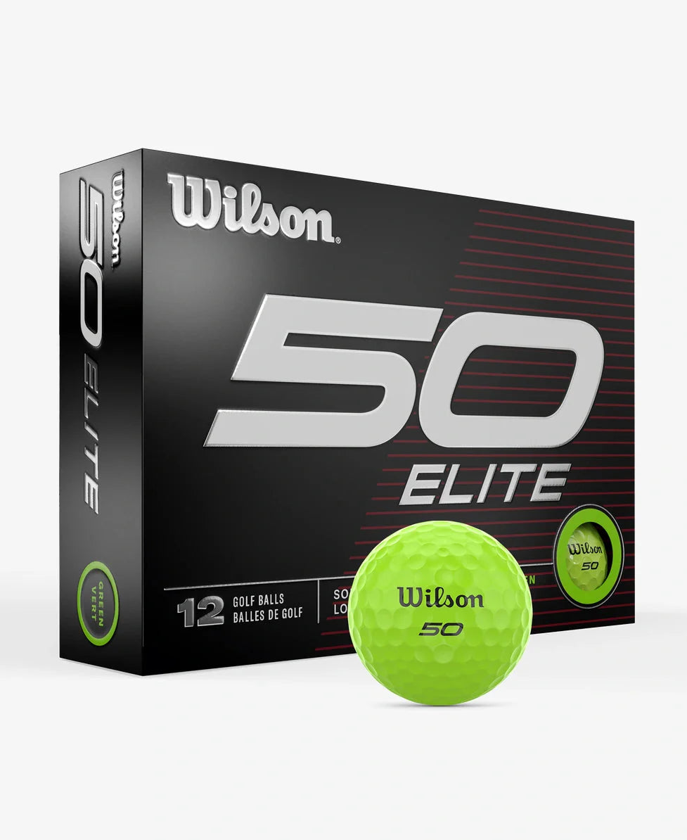 Balles de golf Wilson 50 Elite '23 dans une boîte verte, conçues pour la performance sur le parcours.