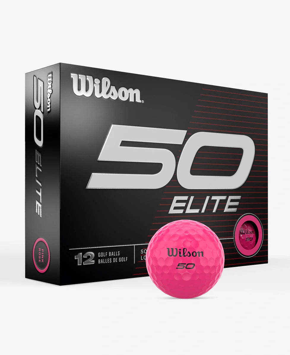 Balles de golf Wilson 50 Elite '23 dans une boîte rose, balle de golf de haute performance pour amateurs et professionnels.