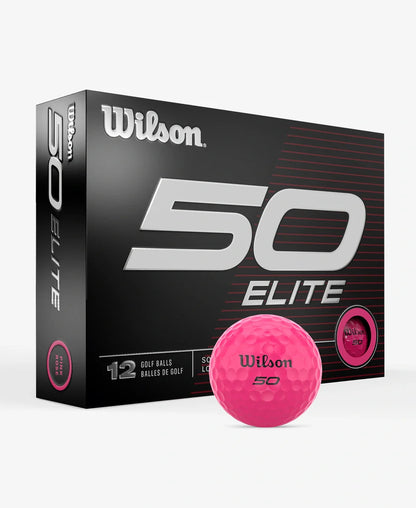 Balles de golf Wilson 50 Elite '23 dans une boîte rose, balle de golf de haute performance pour amateurs et professionnels.