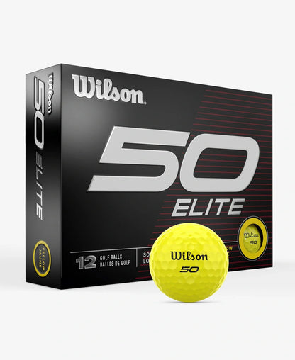 Balles de golf Wilson 50 Elite 2023, balles de golf jaunes dans une boîte, pour amélioration du jeu.